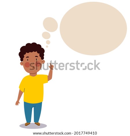 A dark-skinned curly-haired boy in a T-shirt and pants. The child is thinking about some idea.