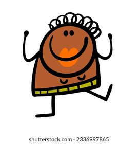 Dark-skinned curly-haired woman in a skirt made of tropical leaves is dancing in Africa. Vector illustration of a funny aborigine from a friendly tribe. Funny character isolated on white background.