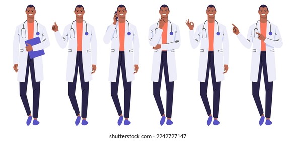 Dark-skinned doctor stands in various poses and gestures. Medical worker calls, thinks, shows ok, thumbs up. A man in a white coat and a stethoscope. Flat vector isolated on white.