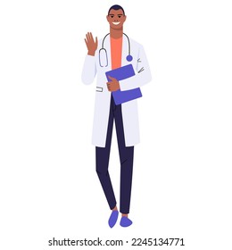 A dark-skinned doctor waves his hand. A medical worker greets you. Doctor with stethoscope and in white coat isolated on white. Smiling character holding a clipboard. Flat style, vector.