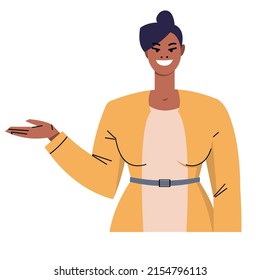 Dark-skinned elegant woman points with her hand to present something. Confident business lady isolated on white background. Portrait of a smiling character. Flat style. Vector illustration.