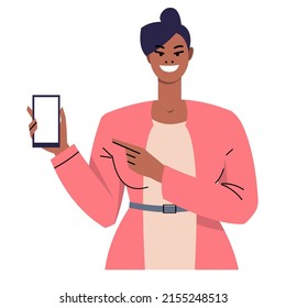 Dark-skinned elegant woman showing cellphone screen. Smiling business woman pointing finger at phone. Vector illustration isolated on white background. Flat style.