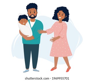 A Dark-skinned Ethnic Family With A Newborn Son, A Stressful Situation. A Sad Black Man Holds A Crying Baby In His Arms. Nearby, A Woman Comforts. Vector Illustration. Family Life And Emotions Concept