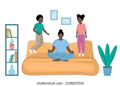 Dark-skinned family at home, mom sits on the sofa in a lotus position, ignoring the children jumping next to her, flat vector, faceless illustration