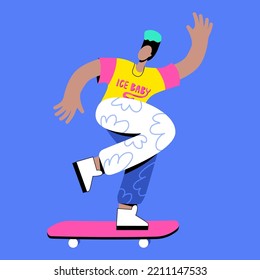 A dark-skinned fashionable guy rides a skateboard. Retro man in the style of the 90s and 80s. Bright stylish clothes