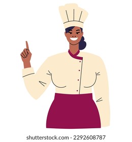 Dark-skinned female chef holds a platter cloche in her hand. Chief cook. Smiling woman in toque and uniform. Portrait of kitchen worker. Character is isolated on white background. Flat vector.