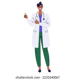 Dark-skinned female doctor showing thumbs up with both hands. A nod of approval, cool, good. Doctor with stethoscope isolated on white background. The character is smiling. Flat style. Vector.