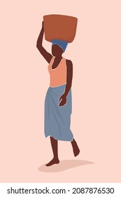 A dark-skinned female in a turban goes full-length with a basket on her head. A beautiful African woman in an abstract contemporary style. Vector graphics.
