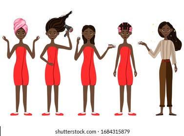 Dark-skinned girl before and after beauty treatments. Cartoon style. Vector illustration