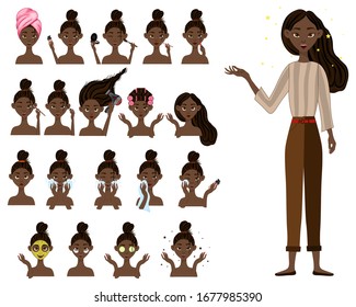 Dark-skinned girl before and after cosmetic procedures. Cartoon style. Vector illustration