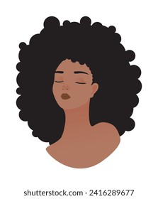 Dark-skinned girl with closed eyes and curly hair on a white background