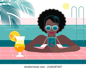dark-skinned girl with a cocktail and a smartphone is relaxing in the pool. summer vacation with drinks and a gadget. flat drawing. stock vector illustration. EPS 10.