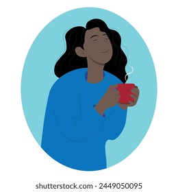 Dark-skinned girl with a cup in her hands, closed her eyes in pleasure, coffee break, flat vector, isolate on white