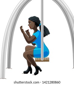 Dark-skinned girl does makeup sitting on a swing on a white background in the vector.