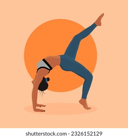 Dark-skinned girl doing yoga, in front of the sun