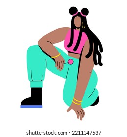 A dark-skinned girl with dreadlocks and trousers in the 90s or 2000s sat down. Young stylish woman holding a lollipop