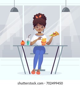 Dark-skinned girl eats fast food. Vector clip art