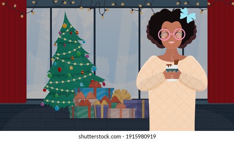 A dark-skinned girl is holding a hot drink in her hands on the background of a Christmas tree and gifts. Cartoon style. Vector 