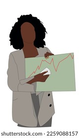 Una chica de piel oscura con una chaqueta hace una presentación. Una empresaria de piel oscura con traje da una conferencia. Concepto de vectores para empresas.

