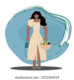 Dark-skinned girl in a light dress holding a woven basket with groceries while shopping. Vector flat style illustration. Perfect for use in marketing materials, shopping guides, and lifestyle content