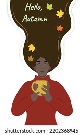 A dark-skinned girl with long dark hair with a cup in her hands, the inscription Hello autumn, flat vector, isolate on white, autumn leaves, autumn colors
