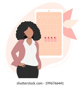 A dark-skinned girl looks at the calendar. Ethnic woman near the calendar of female health and menstruation on the phone screen. Vector illustration. The concept of womens health 