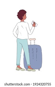 Dark-skinned girl with luggage and a suitcase on wheels stands with boarding pass and waits for her ticket control. Passenger waiting for flight. Airport departure area. Flat line vector illustration