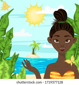 Dark-skinned girl on a background of a summer landscape. Cartoon style. Vector illustration