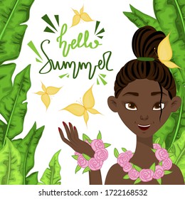 Dark-skinned girl on a background of a summer landscape. Cartoon style. Vector illustration
