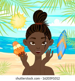 Dark-skinned girl on a summer beach. Cartoon style. Vector illustration