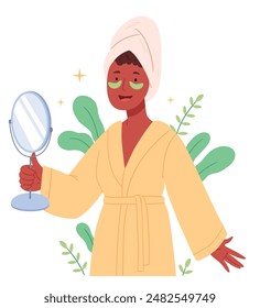 A dark-skinned girl with patches under her eyes.A dark-skinned girl with patches under her eyes.