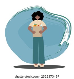 Dark-skinned girl shopping while holding paper bag with groceries. Vector flat style illustration. Perfect for use in e-commerce platforms, shopping-related content, and lifestyle marketing materials