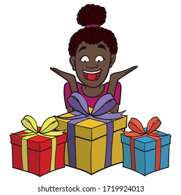 a dark-skinned girl sits in front of a pile of presents and is happy. birthday, cartoon, vector, isolated.