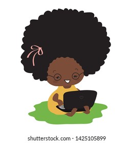 Dark-skinned girl sitting on the grass and typing on a laptop. Vector illustration.