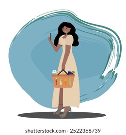 Dark-skinned girl standing sideways in light dress, holding orange basket with groceries while shopping. Vector flat style illustration. For use in retail advertising, shopping apps, lifestyle content