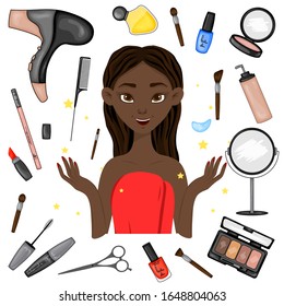 Dark-skinned girl surrounded by beauty items. Cartoon style. Vector illustration