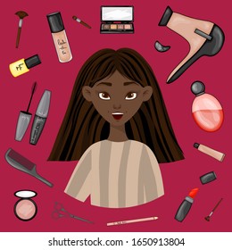 Dark-skinned girl surrounded by beauty items. Cartoon style. Vector illustration