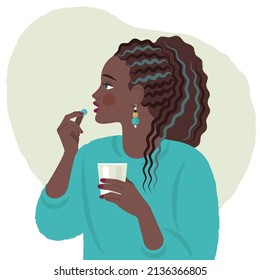 dark-skinned girl takes medicine in the form of a pill and drinks water. concept people are being treated. young woman is planning a pregnancy. flat drawing, stock vector illustration. EPS 10.