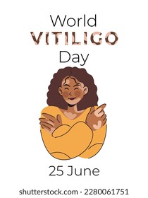dark-skinned girl with vitiligo. Love yourself. Banner for international Vitiligo Day. White background.