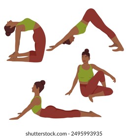 dark-skinned girl, yoga, asanas, cobra pose, fish lord pose, camel pose, dog face down pose
