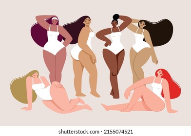 Dark-skinned girls and girls with light skin in various poses. Body positive. Love your body
