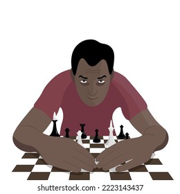 A dark-skinned guy with an angry expression put his hands on the chessboard, the guy shielded the chessboard from strangers, flat vector, isolate on white