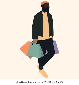 A dark-skinned guy dressed in light autumn clothes is walking. A bearded guy with a mustache is carrying shopping bags. A simple vector illustration of a young guy on a light background