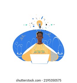 
Dark-skinned guy with a laptop with a light bulb