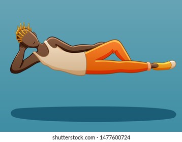 A dark-skinned guy with orange hair levitates in the air in a lying pose. He is dressed in a white T-shirt, orange pants and sneakers. There is shadow below him on the ground. Blue background, vector.
