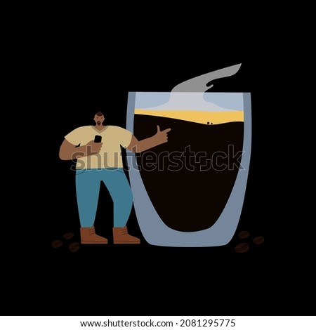 dark-skinned guy points his finger at a large glass mug with coffee. Hand drawn illustration of a man character on a black background.