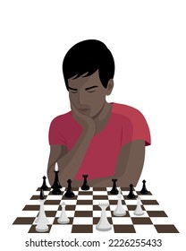 A dark-skinned guy sits at a chess board, thinks, plays chess, flat vector, isolate on white