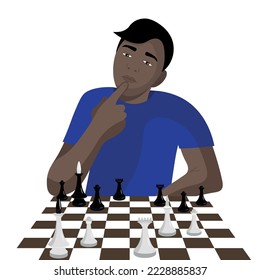 A dark-skinned guy sits and thinks at a chessboard, touches his chin with his index finger, flat vector, isolate on white