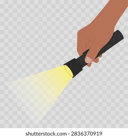 Dark-Skinned Hand Holding Flashlight with Beam on Checkered Background. Vector illustration for concepts involving nighttime navigation, security, emergency preparedness, hiking, camping, and searching in the dark