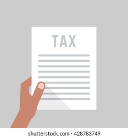 dark-skinned hand holding tax form. concept of human rights, hmrc, control list, closeup, interview, validation. flat style trend modern tax form graphic design vector illustration on white background